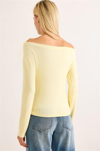 Kadın Geniş Yaka Uzun Kollu Bluz Sarı