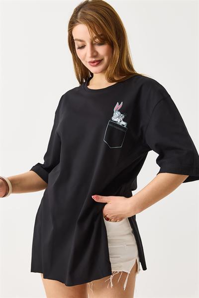 Kadın Yanları Yırtmaçlı Oversize  Basic Tshirt  Siyah