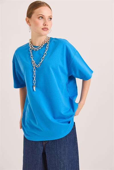 Oversize Bisiklet Yaka Basic Tshirt Mavi