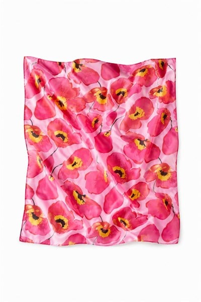 Gelincik Desenli Şifon 45X45 Ölçülü Fular Pembe