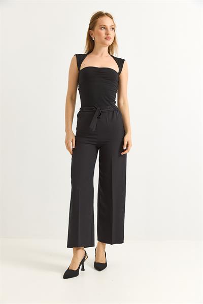 Bel Kuşaklı Bol Paça Krep Pantolon Siyah
