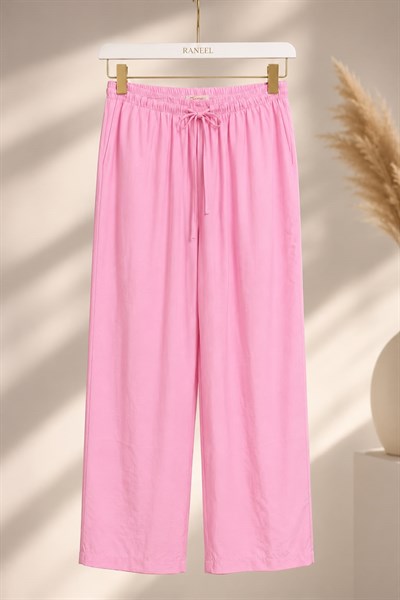 Kadın Beli Bağcıklı Bol Paça Yüksek Bel Pantolon Pembe