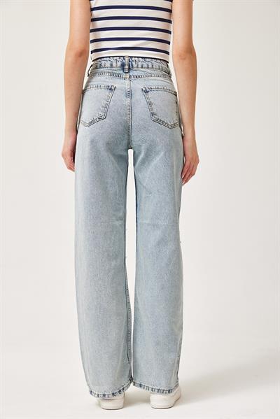 Yüksek Bel Bol Kesim Yırtık Detay Jean Mavi