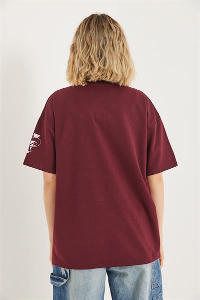 Bisiklet Yaka Baskılı Tshirt Bordo