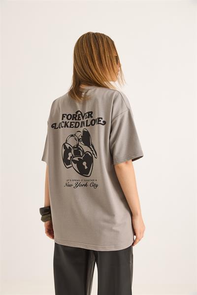 Baskılı Oversize İki İplik Tshirt Gri