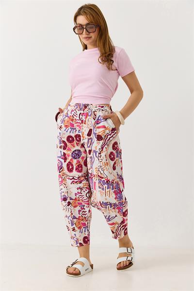 Kadın Karışık Baskılı Şalvar Pantolon Pembe