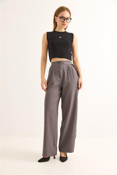 Yanları Şeritli Yüksel Bel Palazzo Pantolon Füme