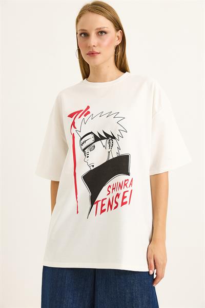 Baskılı Oversize Bisiklet Yaka Tshirt Beyaz