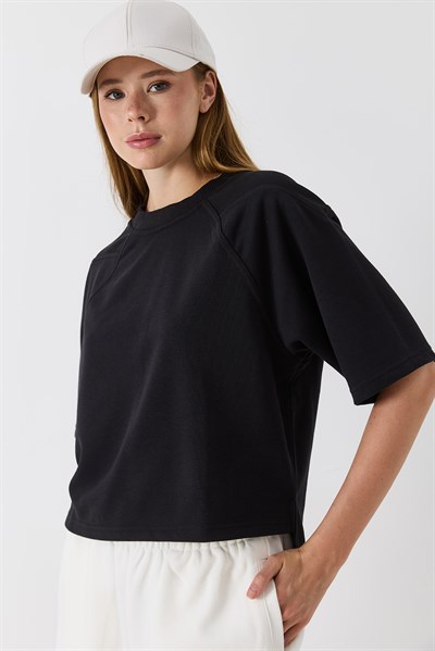 Kadın Bisiklet Yaka İki İplik Crop Bluz Siyah