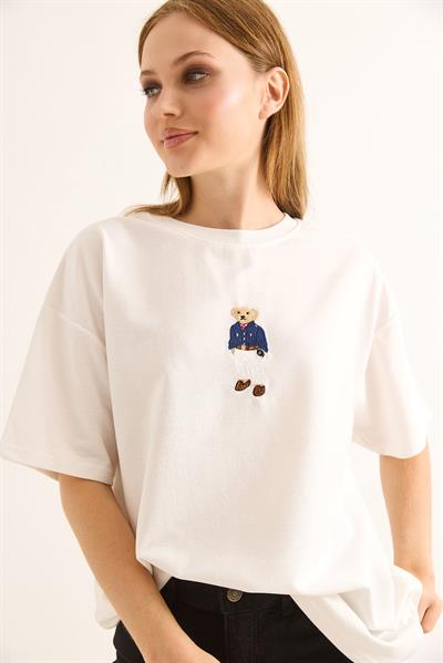 Rahat Kalıp Baskılı Kadın Tshirt Beyaz