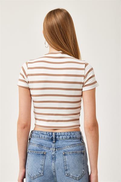 Çizgili Bisiklet Yaka Crop Bluz Kahverengi