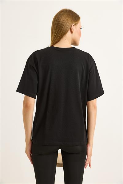 Püsküllü Nakışlı Bisiklet Yaka Basic Tshirt Siyah 