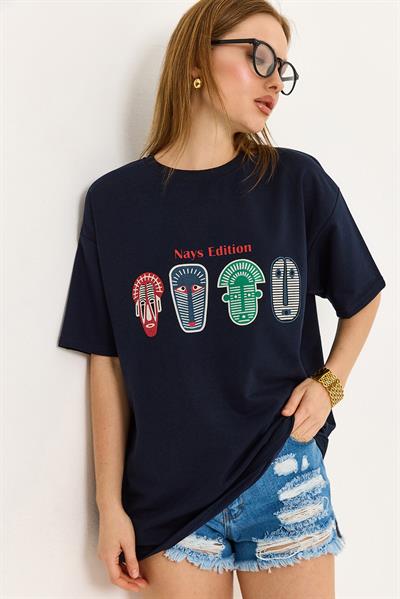 Baskılı Oversize Tshirt  Lacivert