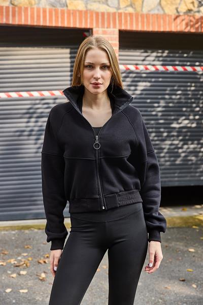 Kadın Fermuarlı Dikiş Detaylı Sweat Siyah
