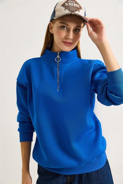 Kadın Yaka Fermuarlı 2 İplik Sweatshirt Saks
