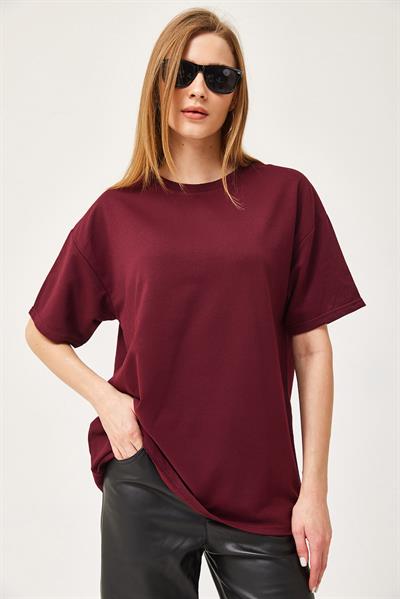 Basic Bisiklet Yaka Tshirt Bordo