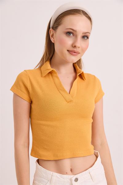 Polo Yaka Basıc Kısa Kollu Örme Kaşkorse Crop Bluz Hardal