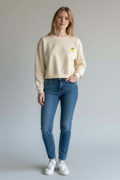 Kadın Uzun Kollu Bisiklet Yaka Krem Sweat