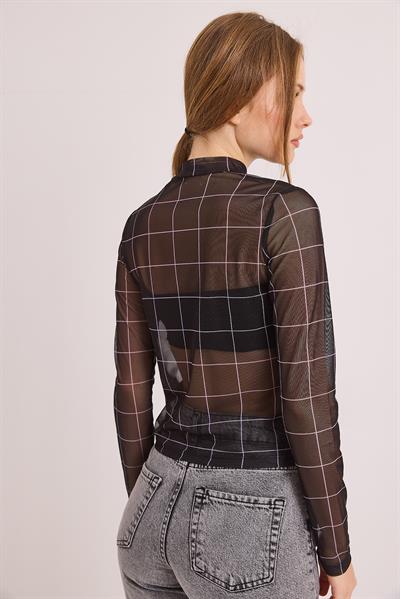 Desenli Siyah Transparan Esnek Şık Bluz Siyah