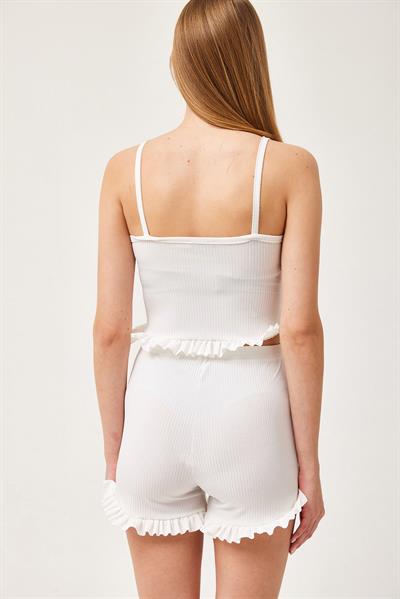 Askılı Fırfırlı Şortlu Takım Beyaz