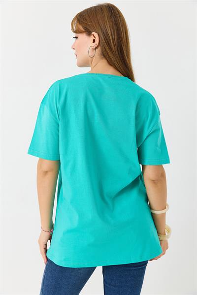 Kadın Bisiklet Yaka Baskılı Kısa Kol Tshirt Yeşil