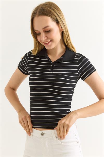 Polo Yaka Çizgi Desenli Kadın Tshirt Siyah
