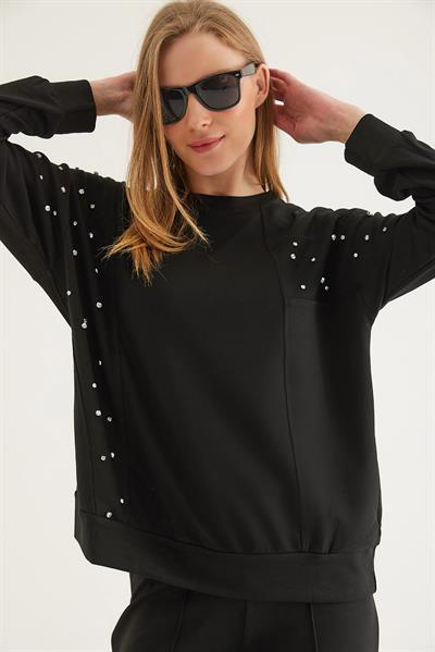Taş Detaylı Modal Sweatshirt Siyah