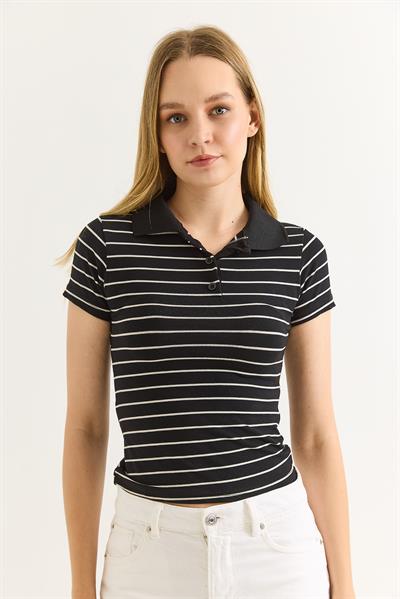 Polo Yaka Çizgi Desenli Kadın Tshirt Siyah