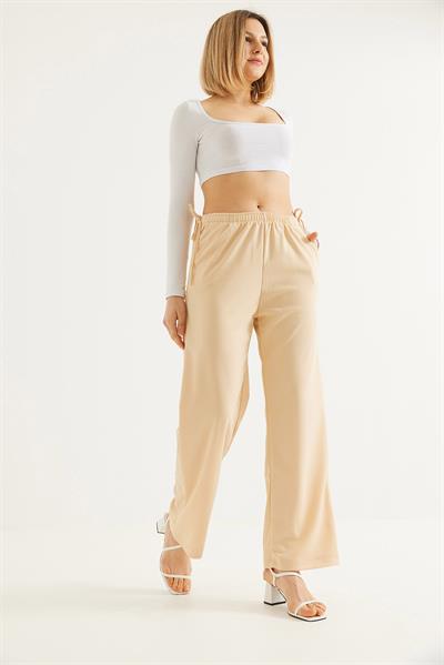 Yanları İp Detaylı Bol Paça Pantolon Bej