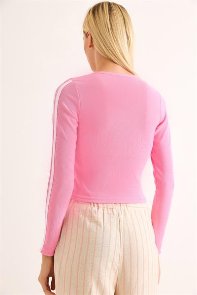 Kadın Kolları Şerit Çizgili  Bluz Pembe