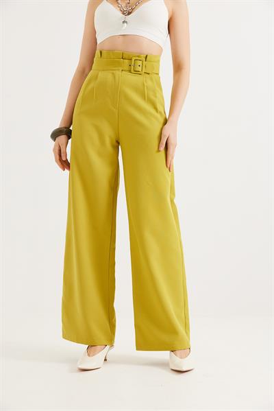 Yüksek Bel  Kemerli Bol Paça Pantolon Yeşil
