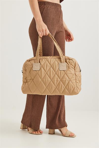 Kapitone Kumaş Cüzdanlı  El Ve Omuz Çantası Vizon