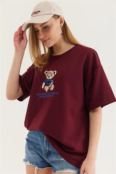 Bisiklet Yaka Oversize T-Shirt Bordo