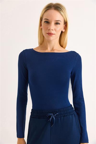 Geniş Yaka Rahat Uzun Kollu Bluz Lacivert