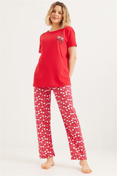 Baskılı Kısa Kol Pijama Takım Kırmızı