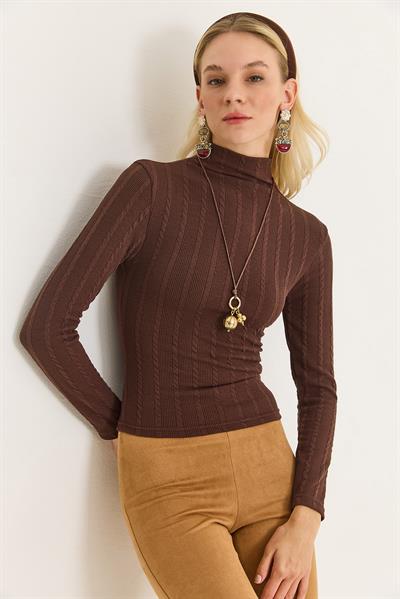 Kadın Balıkçı Yaka Triko Esnek Kazak Kahverengi