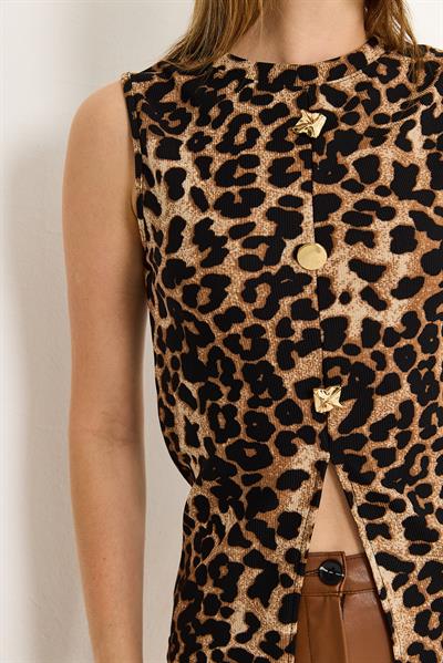 Bisiklet Yaka Gold Düğmeli Ottoman Fitilli Bluz  Leopar