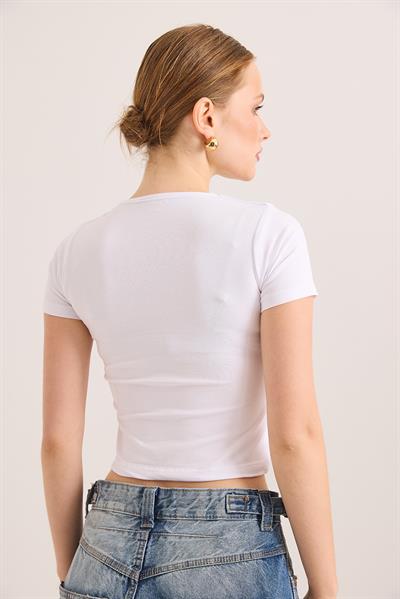 Kare Yaka Esnek Pamuk Örme Bluz Beyaz