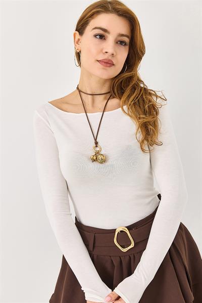 Kayık Yaka Kaşmir Uzun Kollu Bluz Beyaz