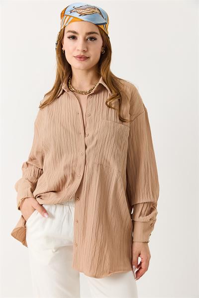 Kadın Oversize Müslin Kumaş Basic Gömlek Camel
