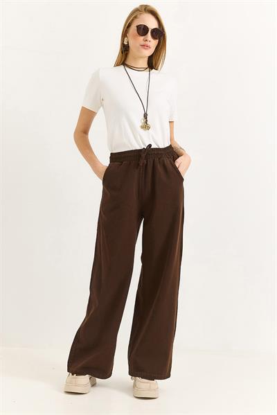 Kadın Pantalon Geniş Paça Bağcıklı  Pantalon Kahverengi