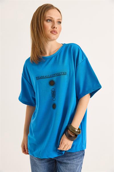 Bisiklet Yaka Kısa Kol Baskılı Tshirt Mavi