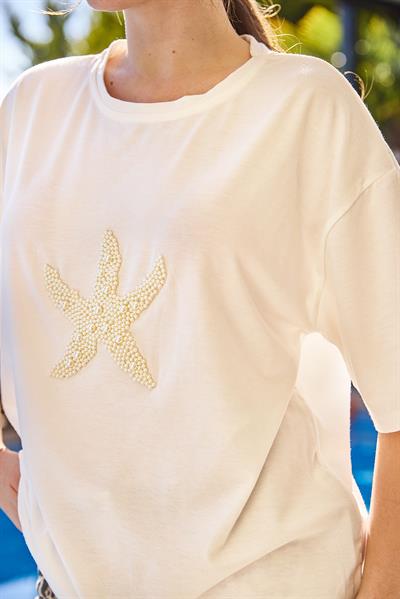 Taş Aksesuarlı Oversize Kadın Tshirt Beyaz