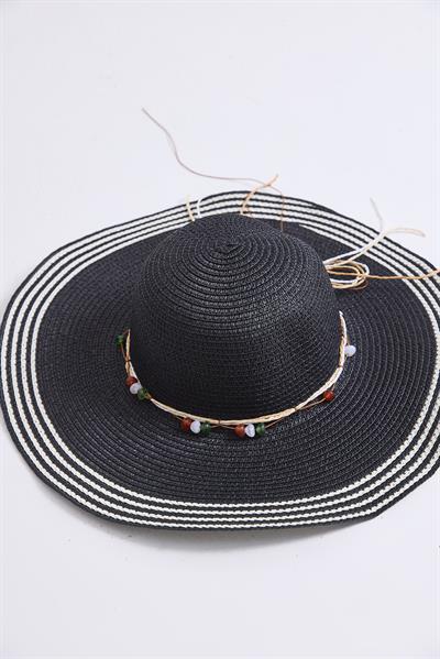 Fiyonk Detaylı Çizgili Hasır Plaj Havuz Şapkası Siyah