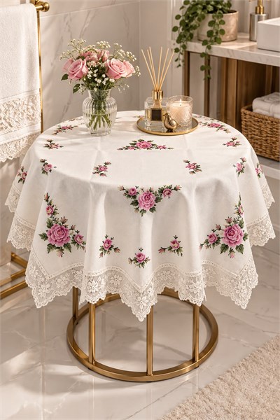 Çiçek Desenli Dantel Detaylı 90x90cm Ölçülü Fiskos Örtüsü Krem