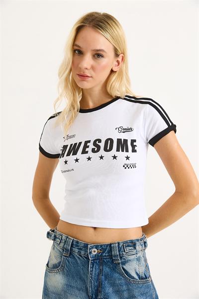 Bisiklet Yaka Baskılı Crop Tshirt Beyaz