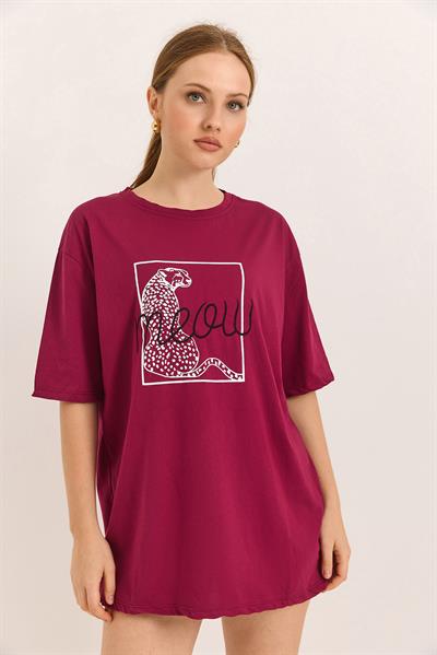 Baskı Nakış Detaylı Pamuk Süprem Rahat Kalıp  Bordo Tshirt