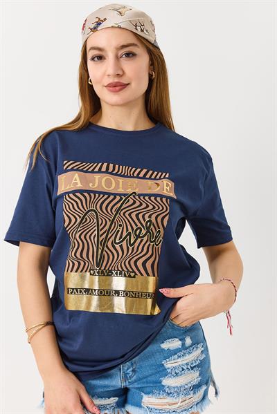 Kadın Parlak Yazılı Baskılı Tshirt Lacivert