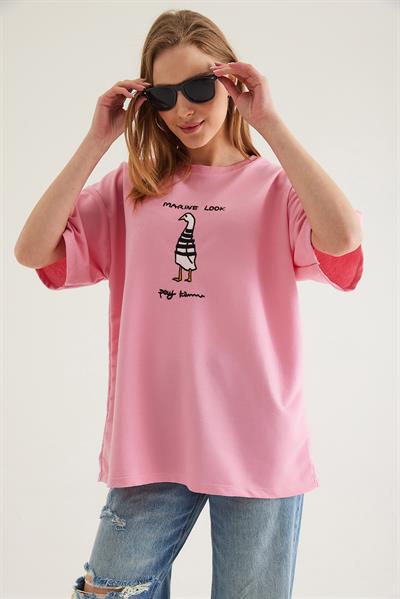 Bisiklet Yaka Oversize Baskılı Tshirt Pembe