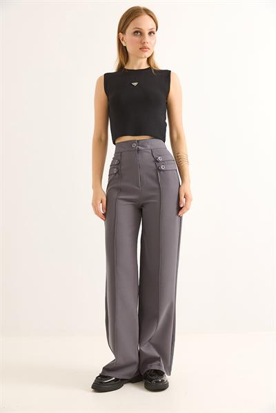 Düğme Detaylı Yüksel Bel Bol Paça Pantolon Füme